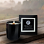 Black candle in a jar with a lit wick, next to its packaging labeled 'Stilwater Forest' on a wooden surface with a blurred natural background.