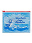 Blue pouch with graphic design and text on a white background