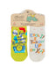 Two baby socks with humorous text on a branded card against a white background