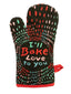 Oven mitt with colorful text 'I'll Bake Love to You' on a black background