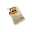 Woven soap bag with a brown label on a white background