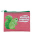 Pink pouch with a green squirrel illustration and text on a white background