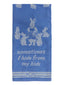 Blue towel with white bunny illustrations and text on a white background