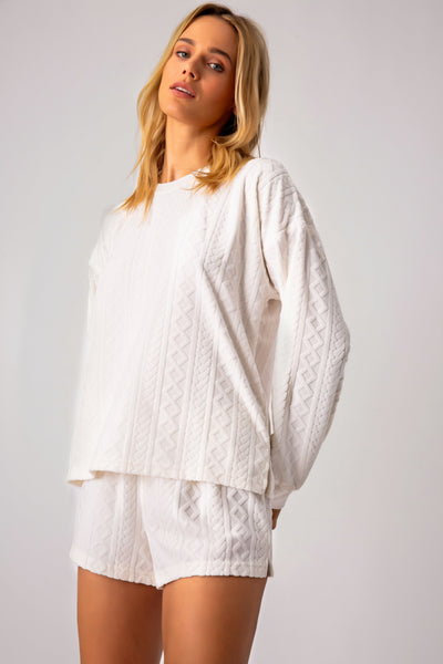 Terry Cable Crew Long Sleeve Top - Ivory