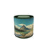 Cylindrical container with mountain landscape design on a white background