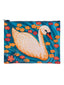 A rectangular zippered pouch featuring a stylized illustration of a white swan with an orange beak, surrounded by orange and red flowers on a blue background, shown against a plain white studio backdrop.