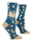 Blue socks with cartoon design and text on a white background